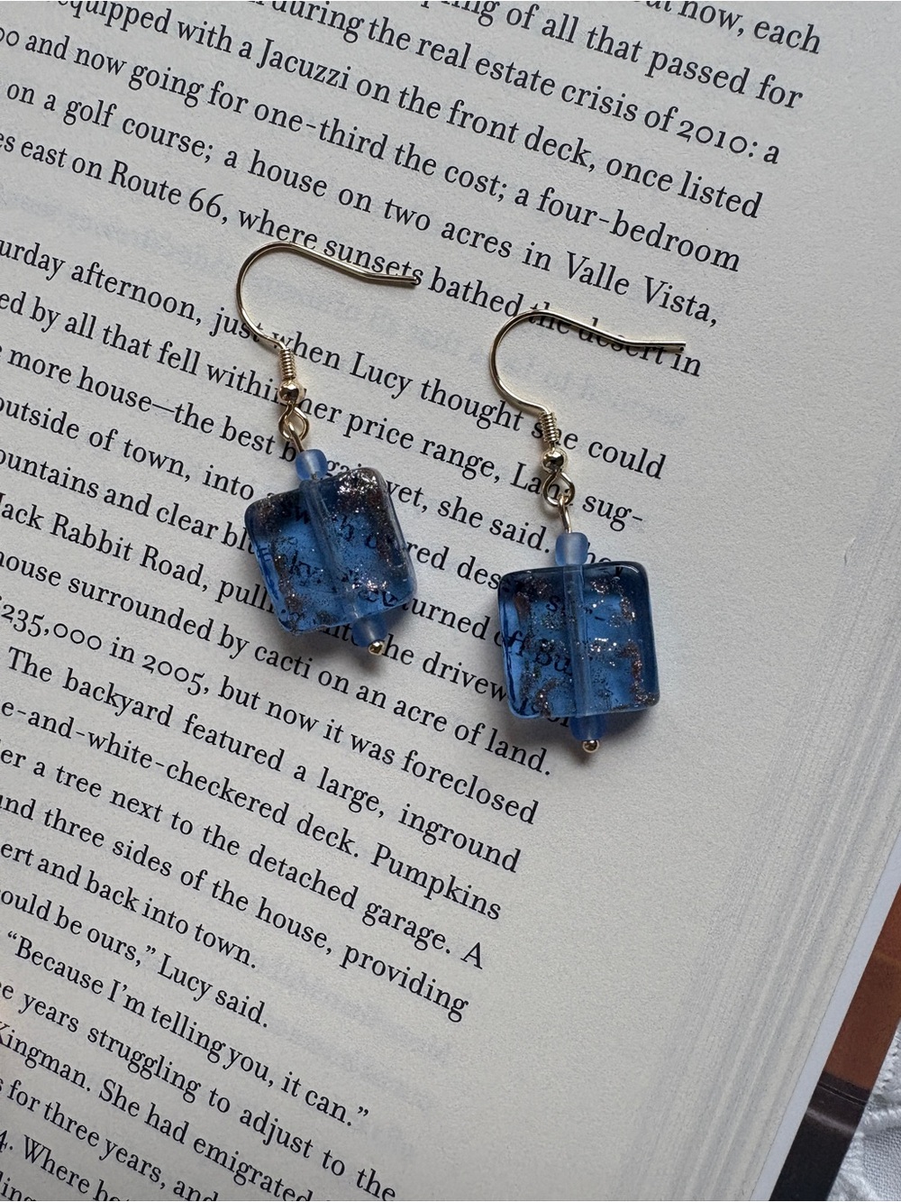 Blue Cube Glass Dangle Earrings with Golden Color Hooks